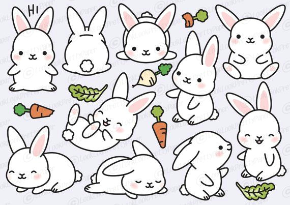 Drawing A Cute Bunny Premium Vector Clipart Kawaii Bunny Cute Bunny Clipart Set