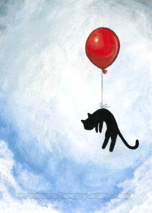 Drawing A Flying Cat Black Cat Art Print Red Balloon Blue Sky Flying Cat Artwork
