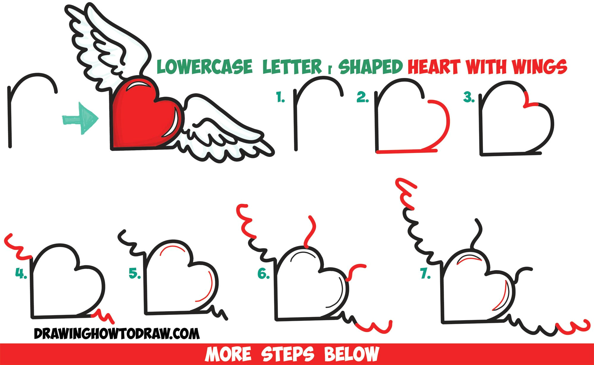 Drawing A Heart Step by Step How to Draw Heart with Wings From Lowercase Letter R Shapes Easy