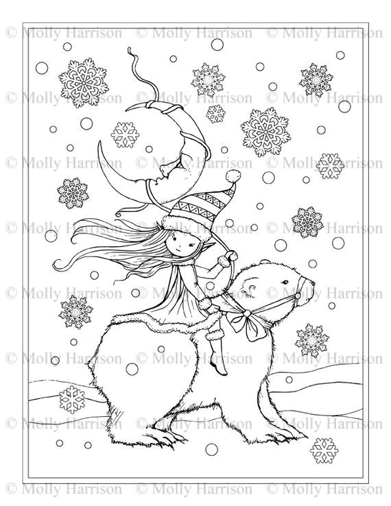 Drawing Bear Eyes Little Pixie Elf Riding Polar Bear Coloring Page Fantasy Art