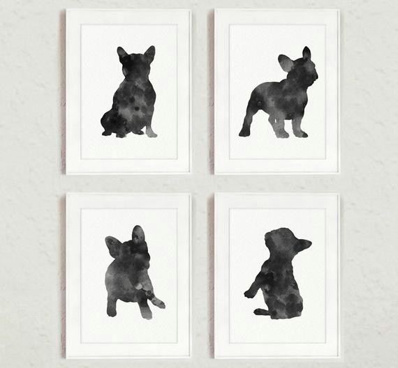 Drawing Black and White Dogs French Bulldog Silhouette Set Of 4 Art Print Black and White Etsy