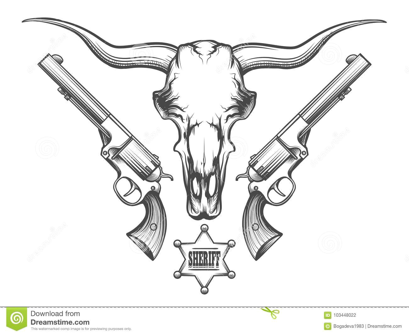 Drawing Bull Skulls Bull Skull with Revolvers Drawn In Engraving Style Stock Vector