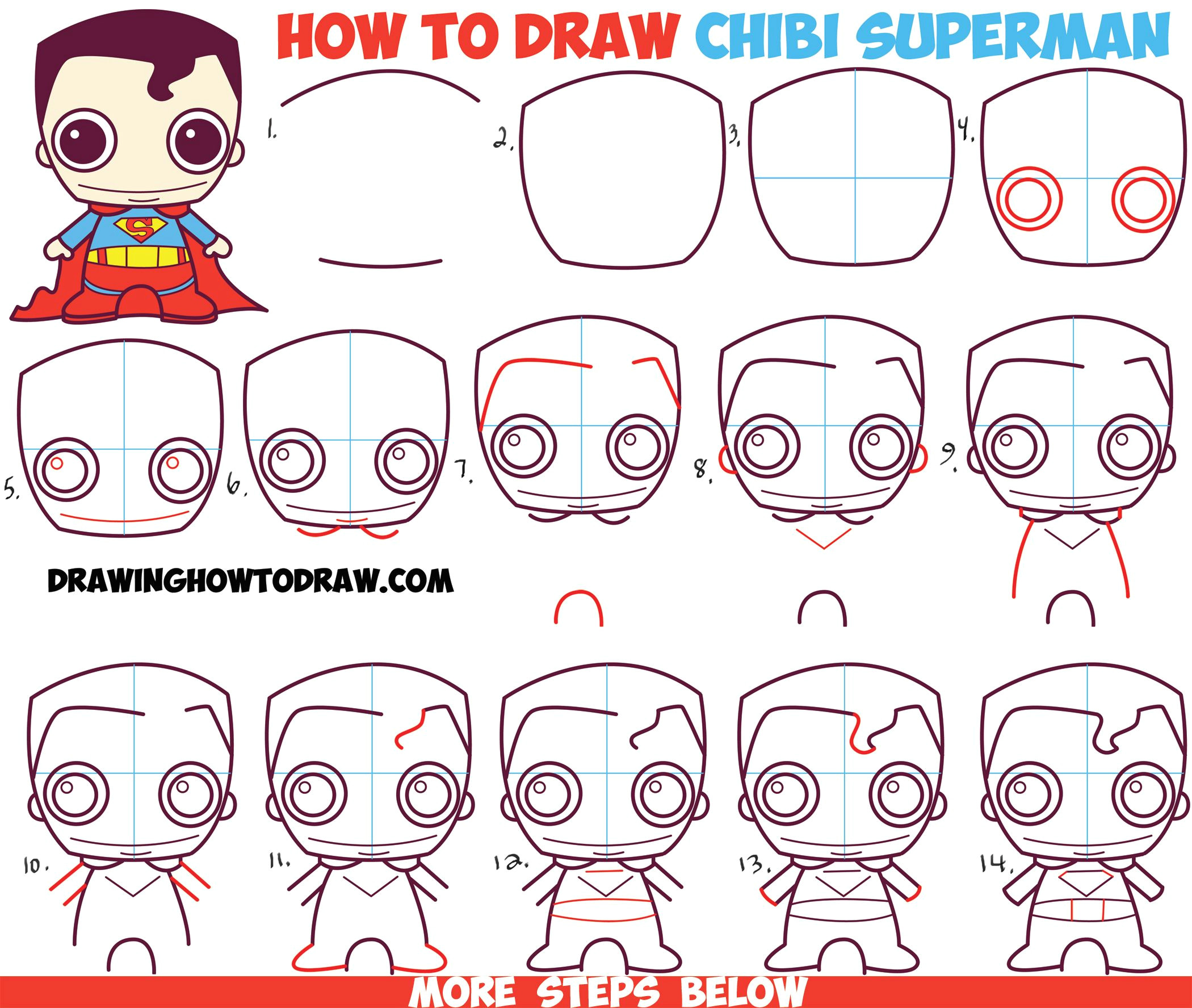 Drawing Cartoon Glasses How to Draw Cute Chibi Superman From Dc Comics In Easy Step by Step