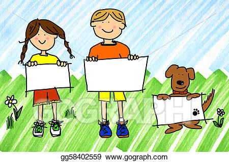 Drawing Cartoon Grass Drawing Girl Boy and Dog with Signs On Ink Marker Sky and Grass