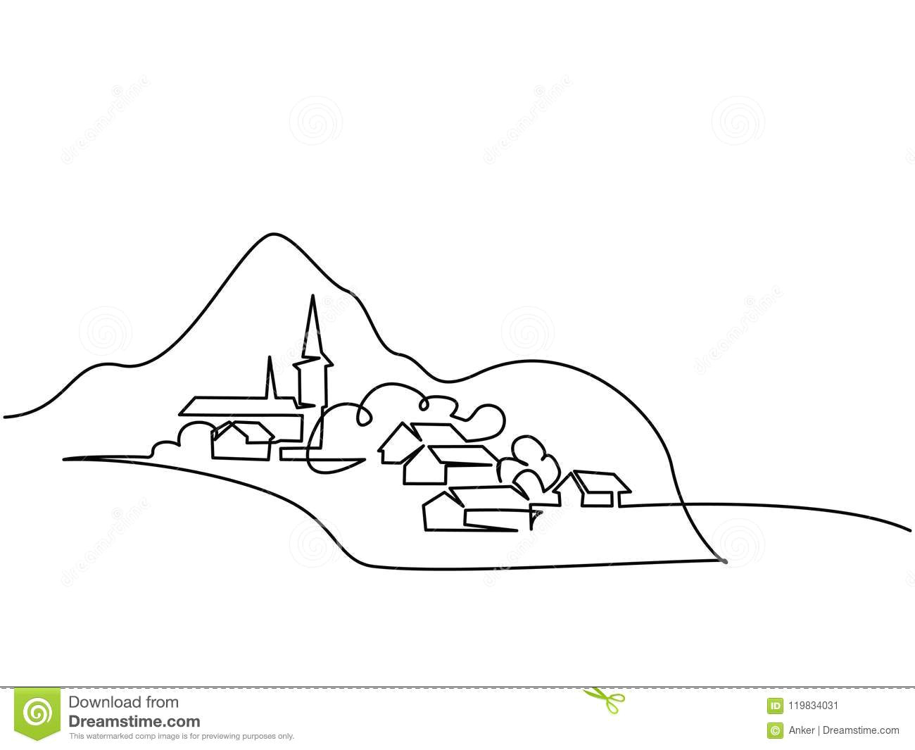 Drawing Cartoon Landscapes Landscape with Village On Hill Stock Vector Illustration Of Land