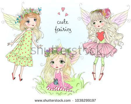 Drawing Cartoon Little Girl Three Hand Drawn Beautiful Cute Little Fairies Girls with butterfly