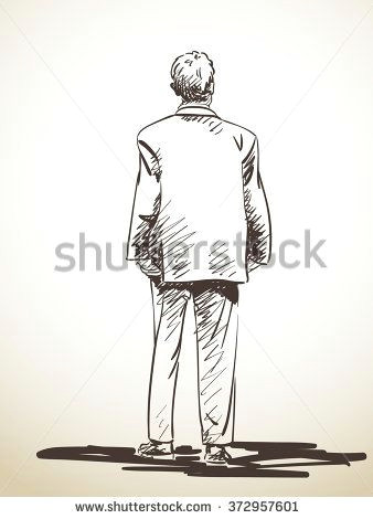 Drawing Cartoon Old Man Sketch Of Standing Man In Suit From Back Hand Drawn Illustration