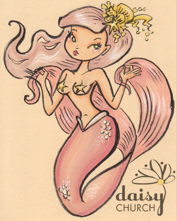Drawing Cartoon Pin Ups Pink Pin Up Mermaid Girl original Drawing In 2019 Products