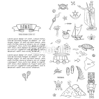 Drawing Cartoon Volcano Hand Drawn Doodle Hawaii Icons Set Vector Illustration isolated