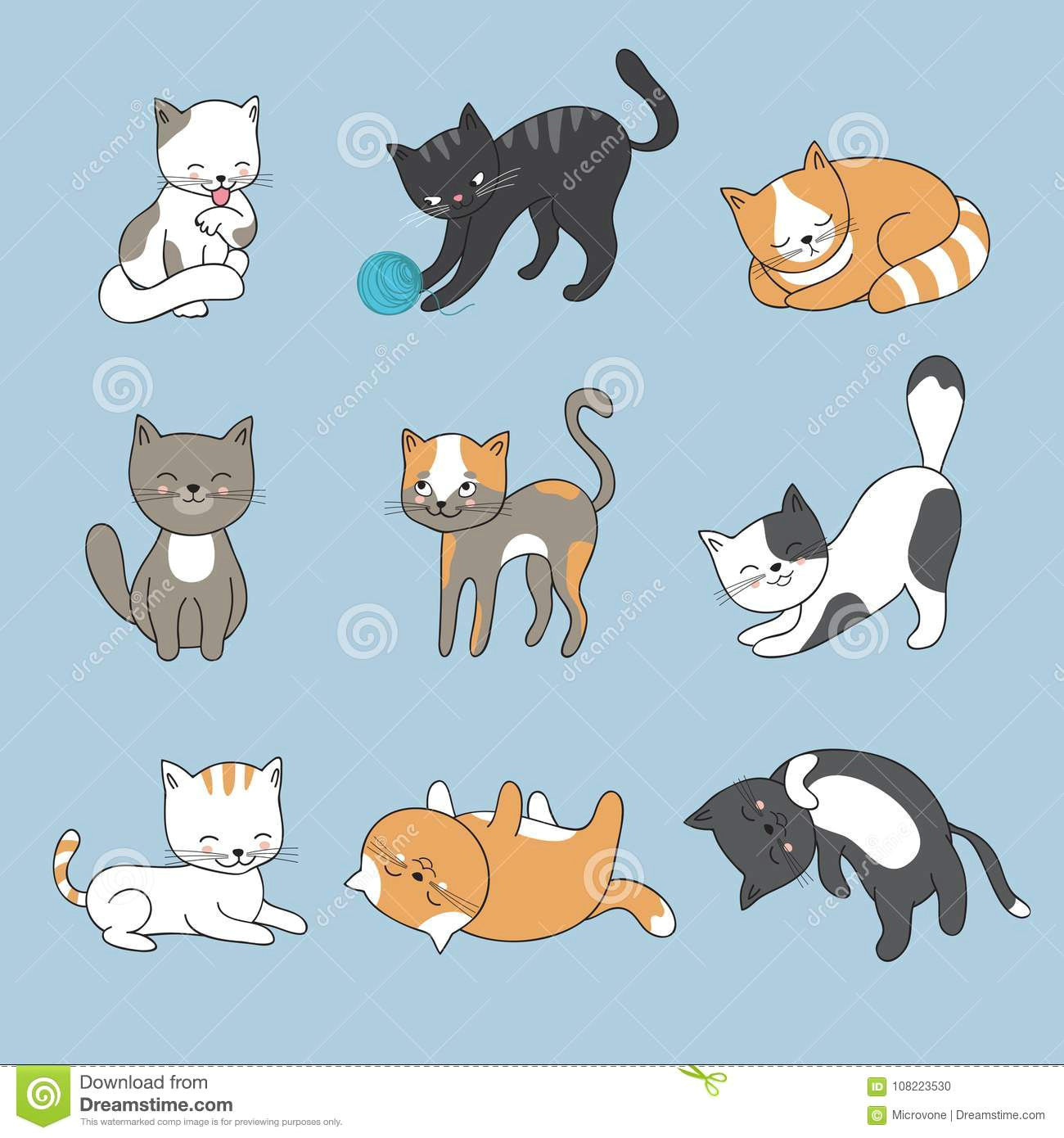 Drawing Cartoon with Illustrator Hand Drawing Cute Cats Vector Kitty Collection Stock Vector