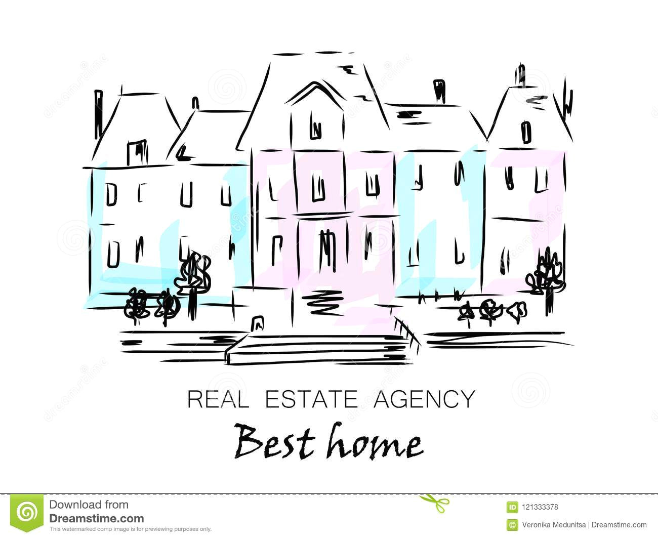 Drawing Cartoon with Illustrator Sketch Of City House Detached Single Family Houses with Trees