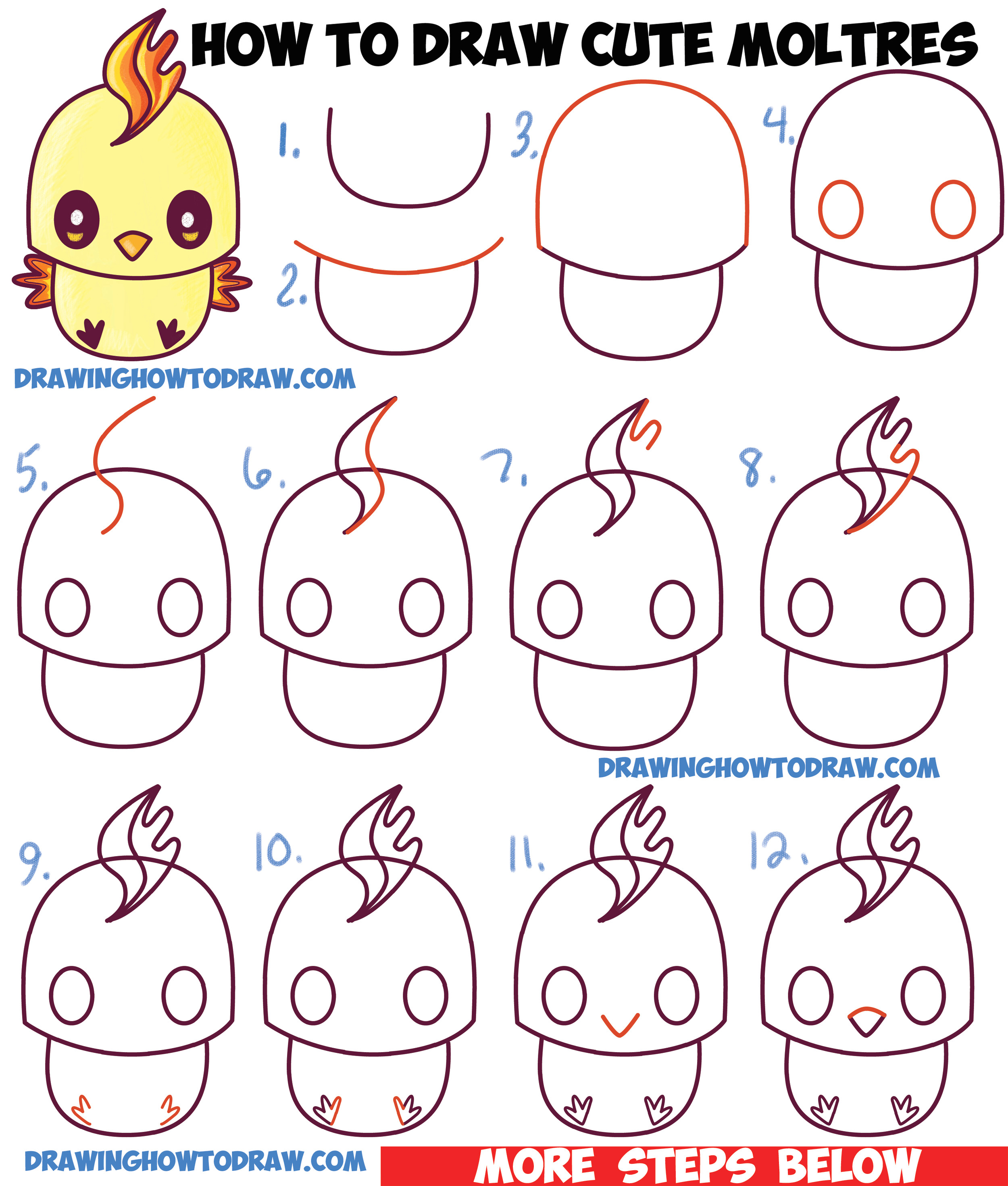 Drawing Cartoons Step by Step for Beginners How to Draw Cute Kawaii Chibi Moltres From Pokemon In Easy Step