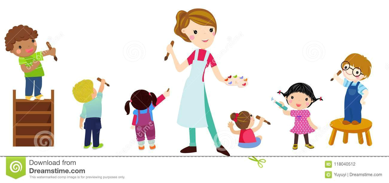 Drawing Cartoons Teacher Children Drawing with Teacher Stock Illustration Illustration Of