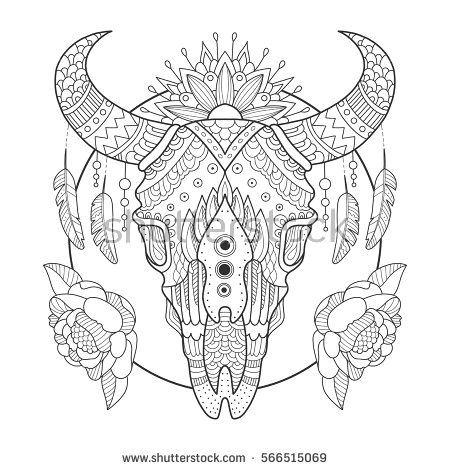 Drawing Cow Skulls Cow Skull Coloring Book Vector Illustration Anti Stress Coloring