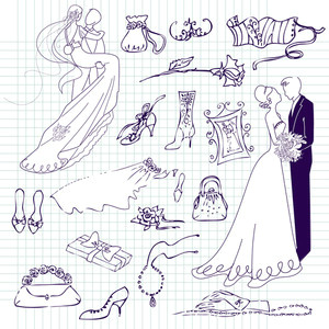 Drawing Cute Bride Wedding Set Of Cute Glamorous Doodles and Frames Royalty Free Stock
