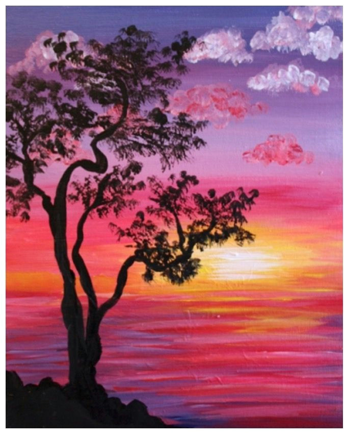 Drawing Cute Landscape Tree Silhouette Sunset Painting In Pinks orange Painting