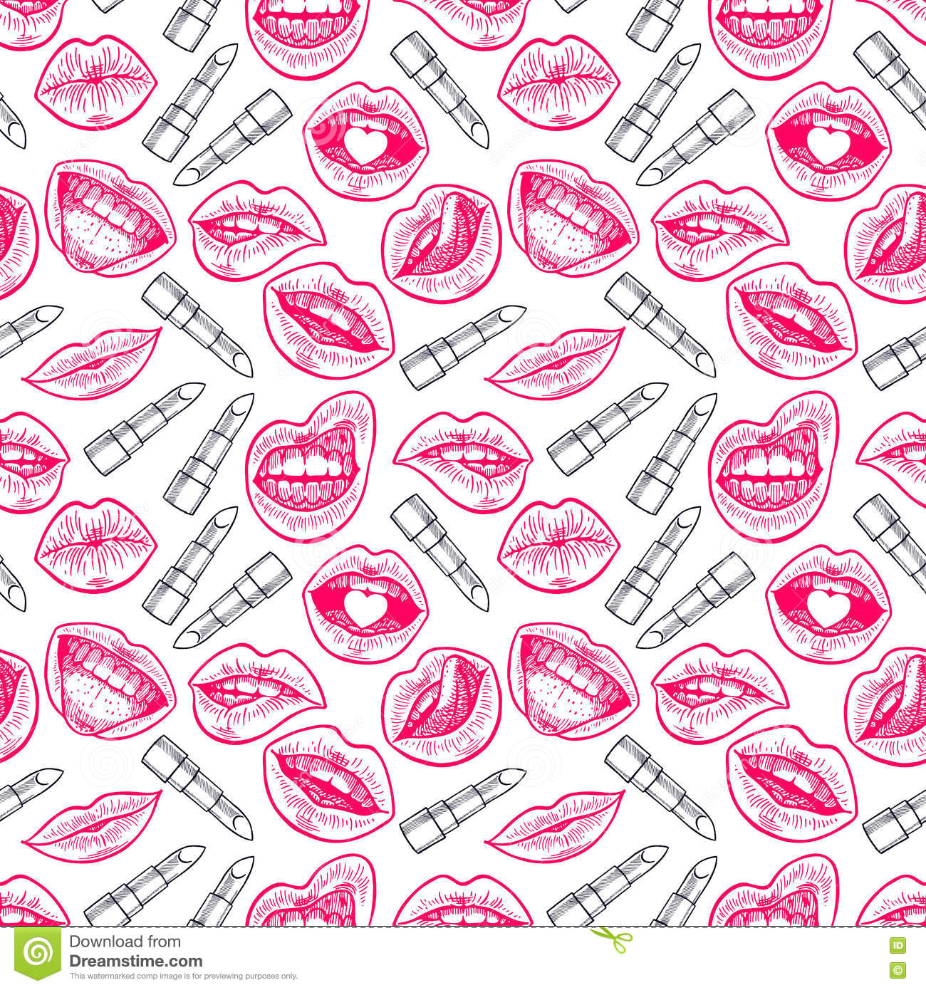 Drawing Cute Lipstick Seamless Different Lips and Lipsticks Stock Vector Illustration Of
