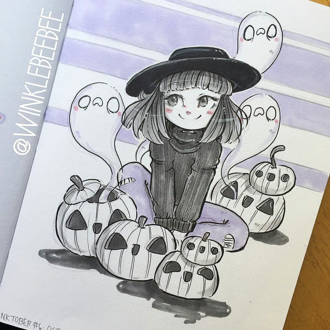 Drawing Cute Sun Cute Witch with Jack O Lanterns and Ghosts Ink Minimal Color