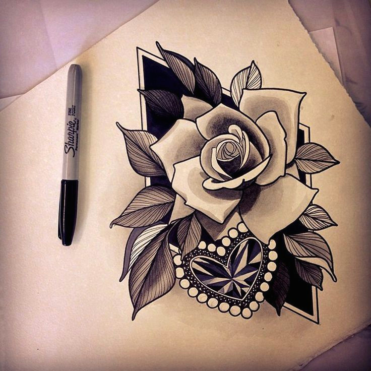 Drawing Diamond Heart Traditional Roses and Heart Tattoos Real Photo Pictures Images and