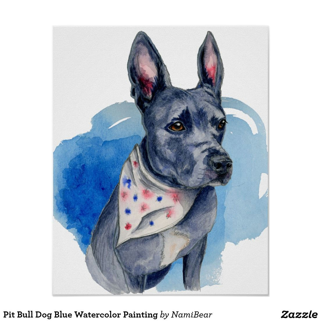 Drawing Dogs Ears Blue Nose Pit Bull Dog Watercolor Painting Poster at Zazzle Com