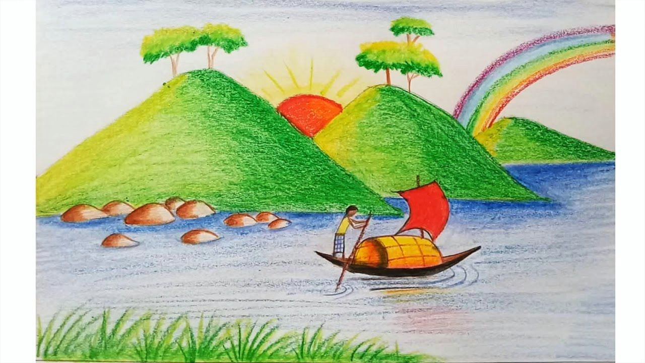 Drawing Easy Boat How to Draw Scenery Of Mountain Step by Step Very Easy Academic