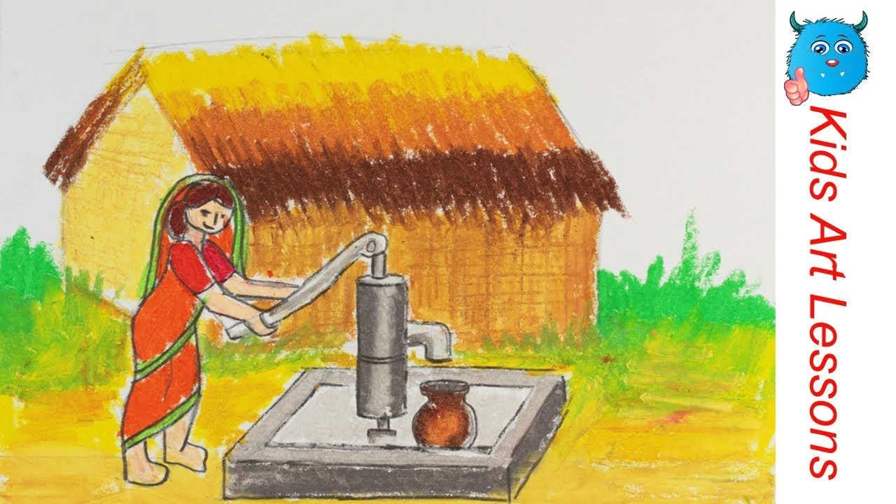 Drawing Easy Hut How to Draw A Village Scenery Of Woman Taking Water From Tube Well