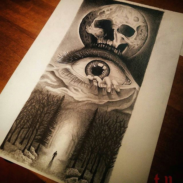 Drawing Eye Skull Creepy forest Tattoo Idea Man In the forest with Creepy Eye and