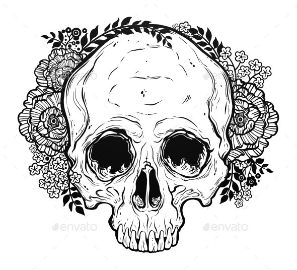 Drawing Flower Head Human Skull Hand Drawn Tattoo Style with Flowers Fonts Logos Icons