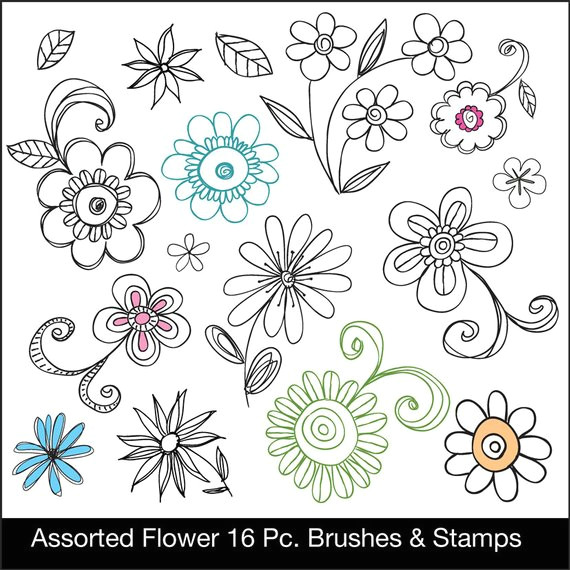 Drawing Flowers 16 Digital Doodle Clip Art Brushes and Stamps 16 assorted Flowers