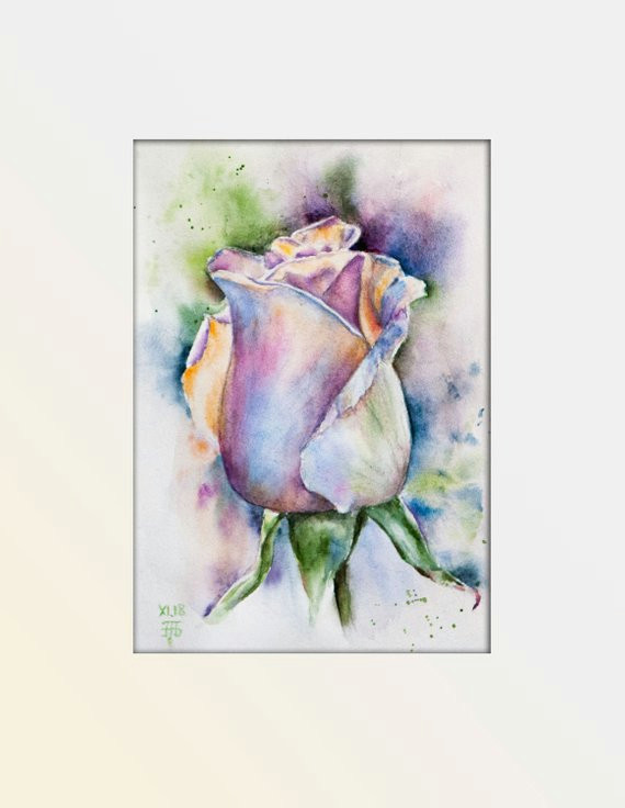 Drawing Flowers Aquarelle Flowers original Watercolor Painting Purple Rose 12 X 16 Inches In