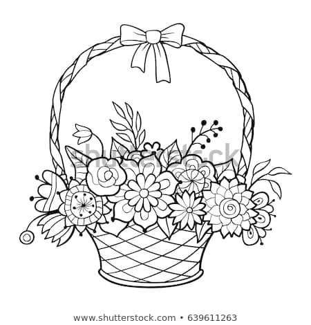 Drawing Flowers Basket Basket Flowers Handle Decorated Ribbon Bow Stock Vector Royalty