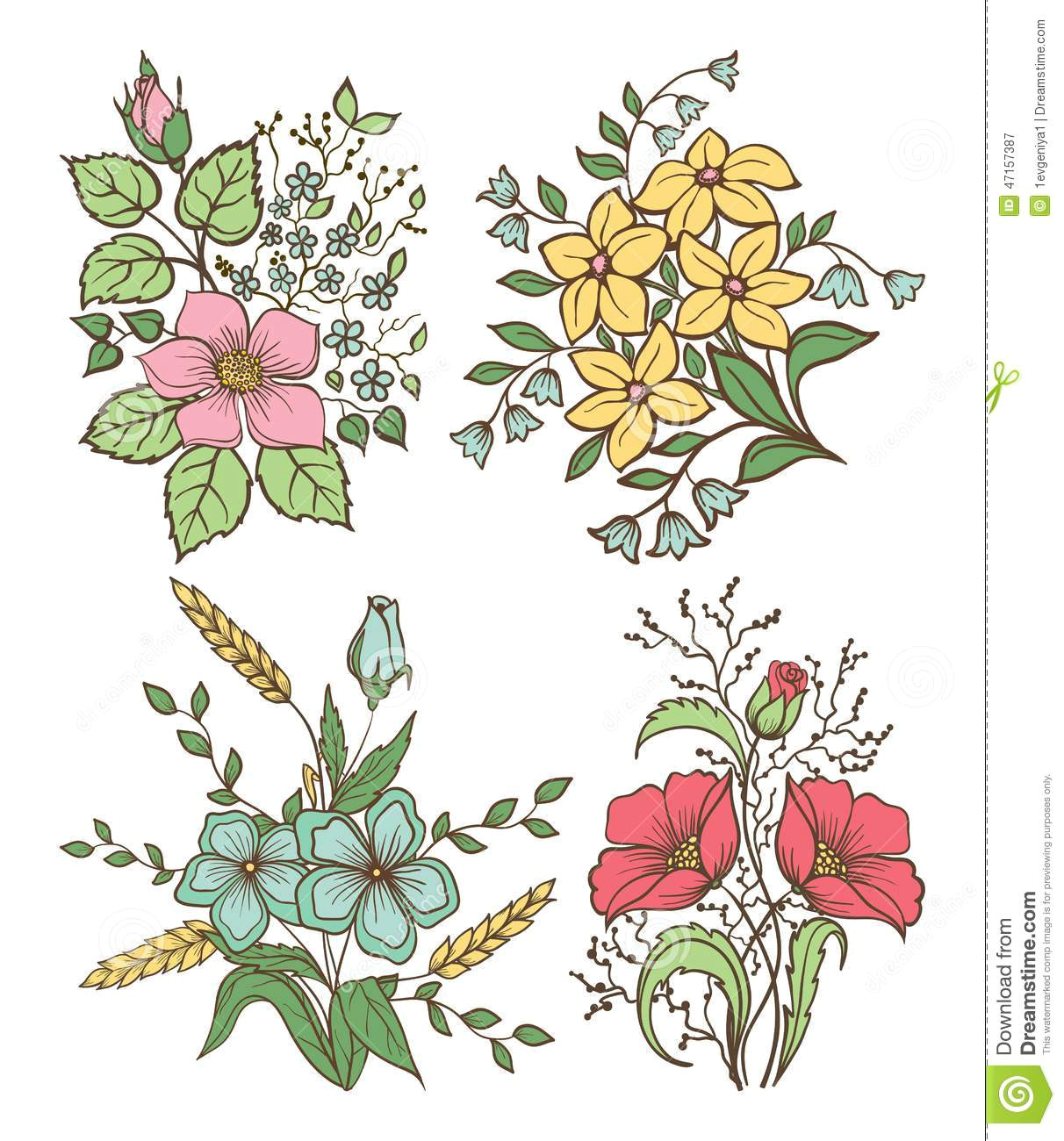 Drawing Flowers Greetings Vector Flowers Set Colorful Floral Collection with Leaves and