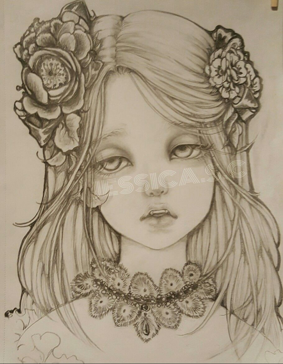 Drawing Flowers In Hair Pencil Drawingoftheday Beautiful Vampire Girl Dramatic Eyes