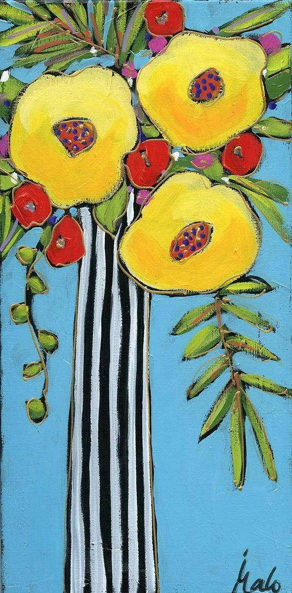 Drawing Flowers On Canvas original Acrylic Painting On Canvas Flowers Vase Home Decor by