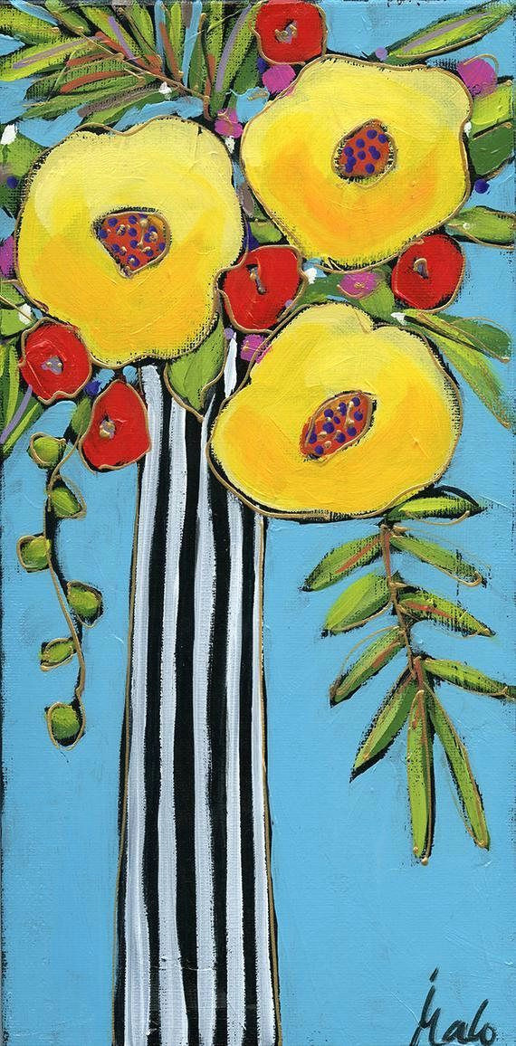 Drawing Flowers On Canvas original Acrylic Painting On Canvas Flowers Vase Home Decor by