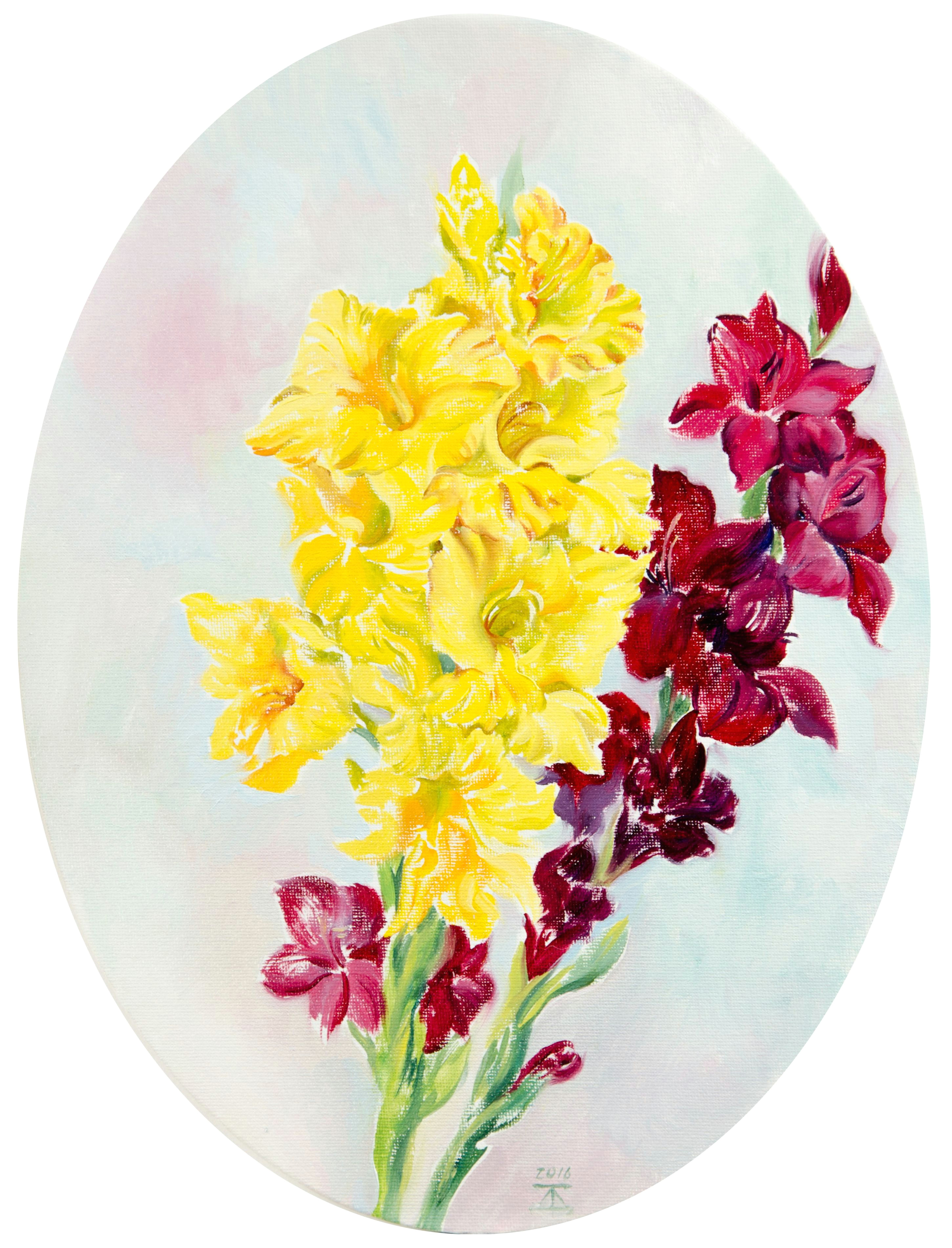 Drawing Flowers On Canvas Red and Yellow Gladiolus Oil On Canvas Cardboard Oval 30 X 40