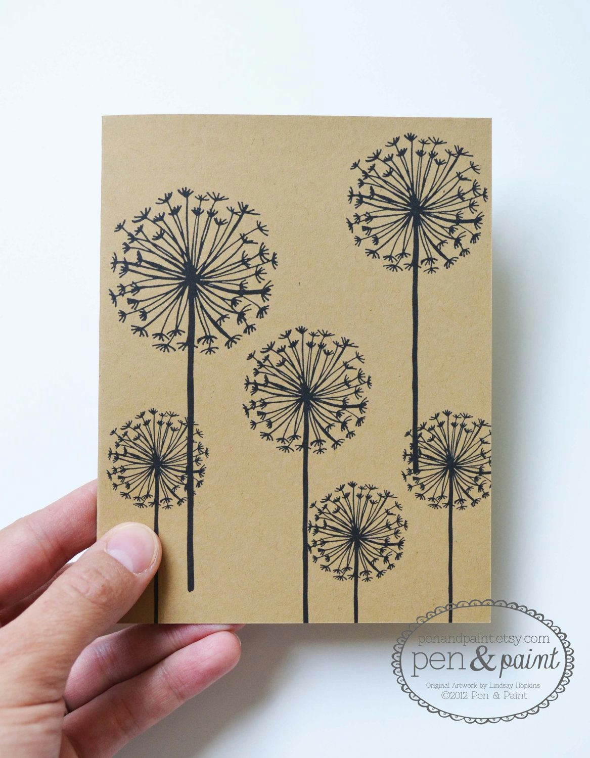 Drawing Flowers On Cards Dandelion Hand Drawn Illustration Flowers Floral Notecards