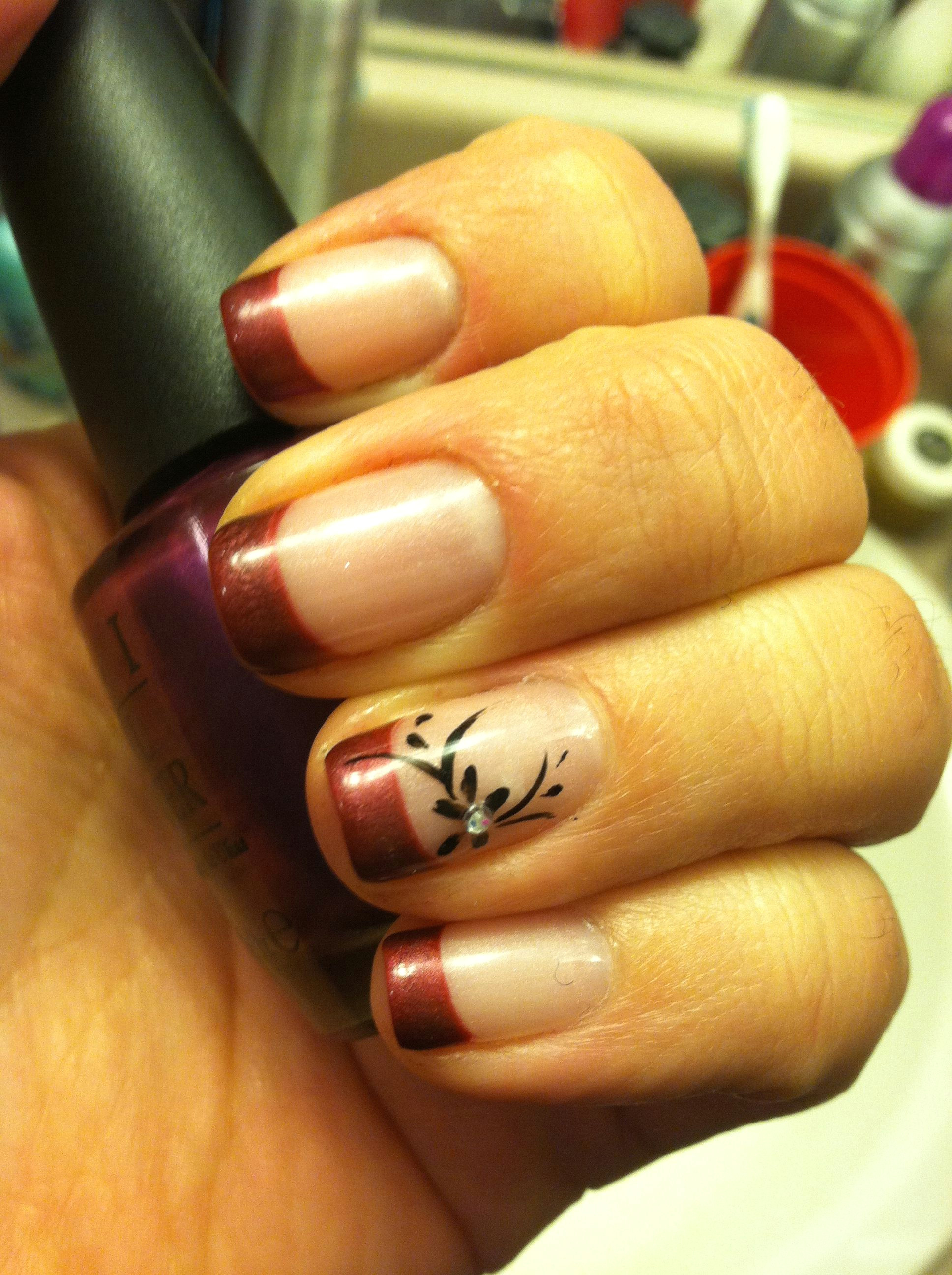 Drawing Flowers On Nails Purple French Tips with Flower Accent Nail Gel Polish Makeup