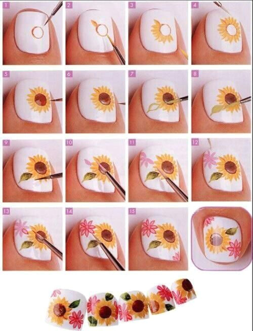 Drawing Flowers On Nails Tutorial On How to Draw Sunflower Nail Art Colleen Lucas toe