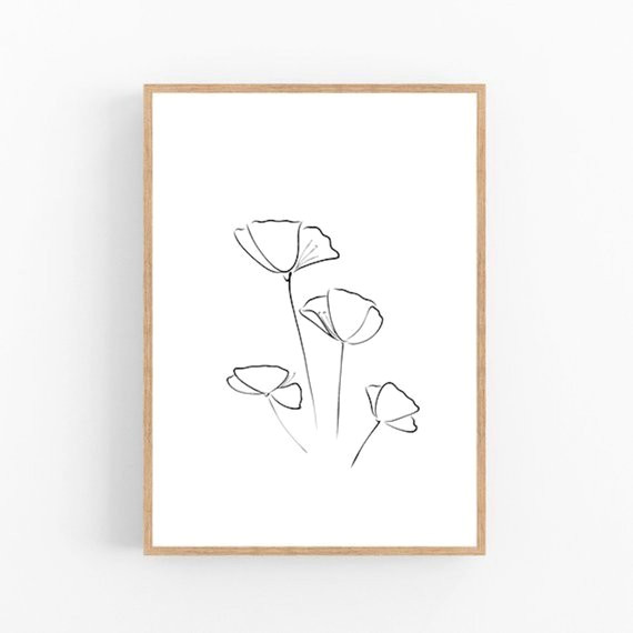 Drawing Flowers On Walls Poppies Line Art Flower Print Abstract Floral Wall Decor