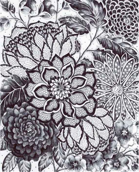 Drawing Flowers theme original Ink Drawing Black Lace Black and White Flowers Hand