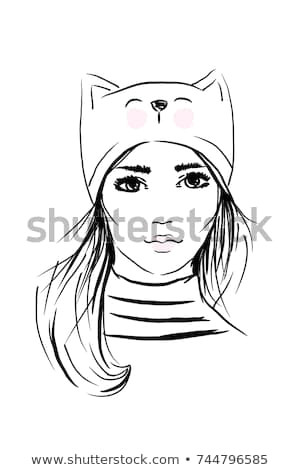 Drawing Girl Line Art Face Woman Sketch Long Hair Cat Stock Vector Royalty Free