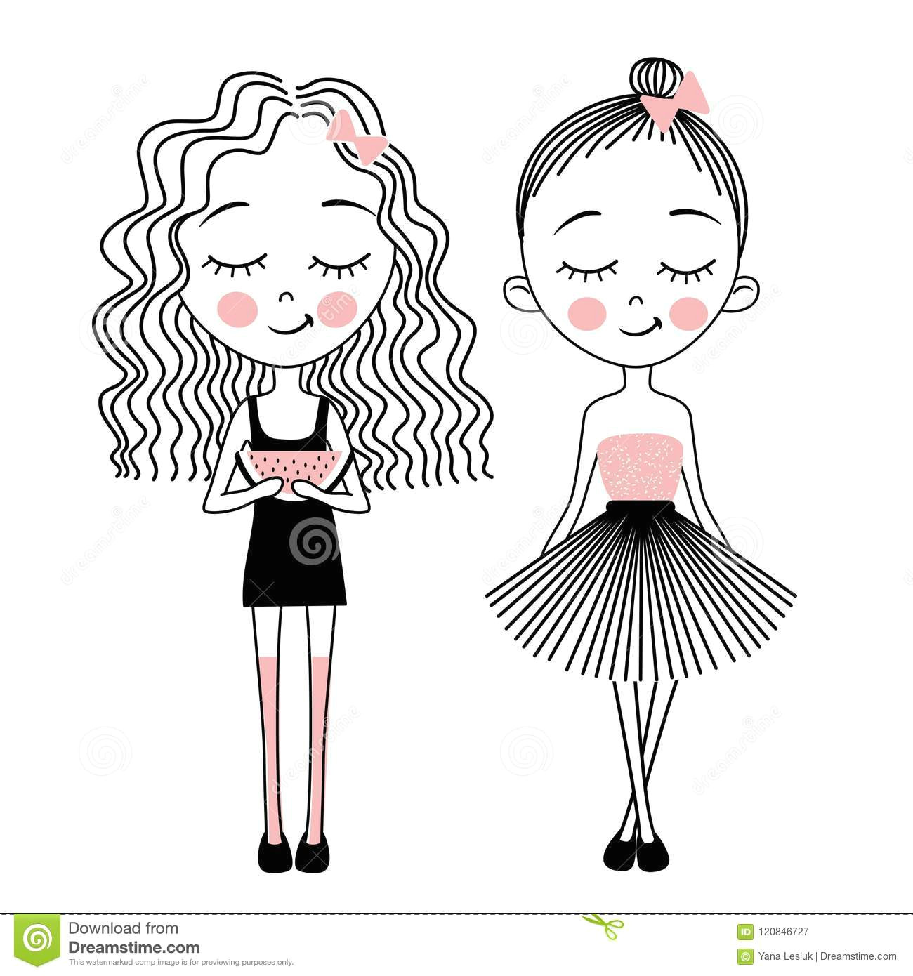 Drawing Girl Line Art Vector Cute Little Girls Fashion Kids Stock Vector Illustration