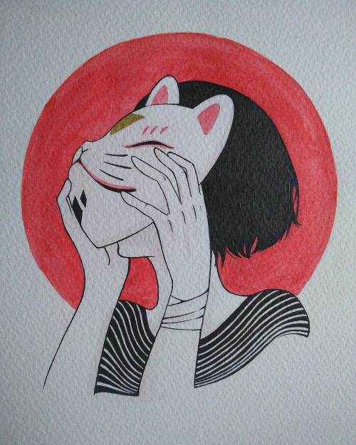 Drawing Girl Mask Kitsune Girl Mask Illustration Watercolor Japanese Art Goals
