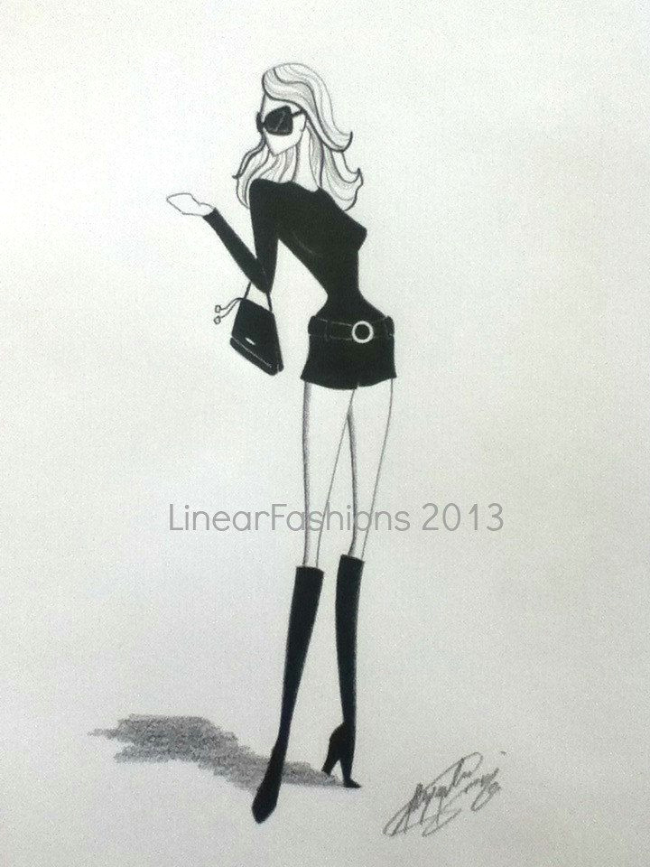 Drawing Girl Mod 1970s Fashion Illustration original Pencil Drawing Black and White