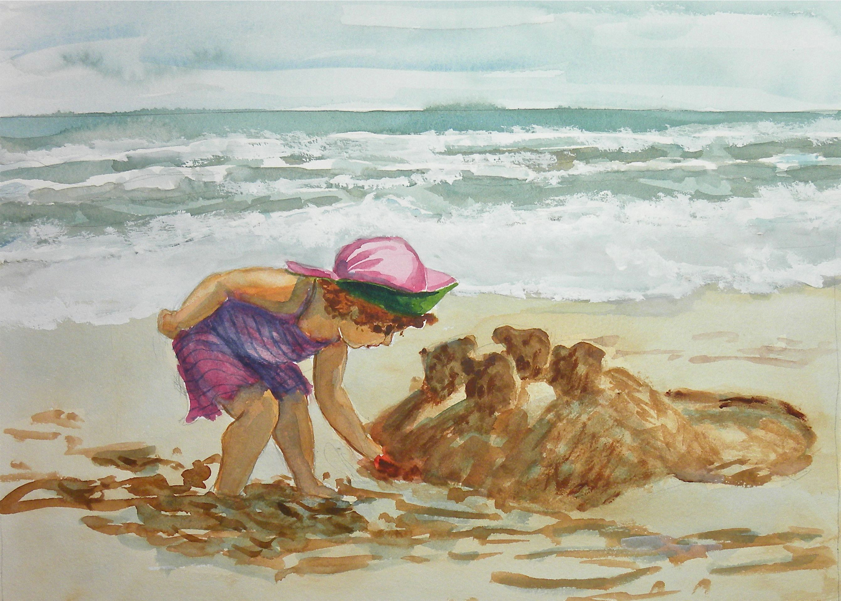 Drawing Girl On Beach A Young Girl Building A Sandcastle at the Beach Www