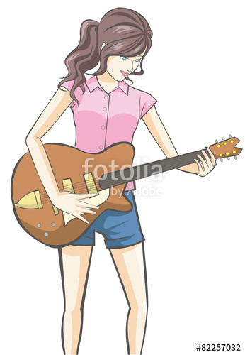 Drawing Girl Playing Guitar Cartoon Girl Playing Guitar In White isolated Background Stock