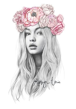 Drawing Girl with Flowers Gigi Hadid Flower Crown Fashion Illustration Portrait Colored