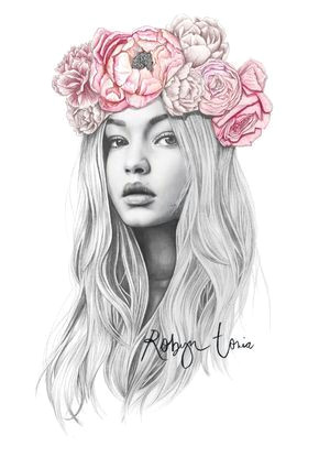 Drawing Girl with Flowers In Hair Gigi Hadid Flower Crown Fashion Illustration Portrait Colored