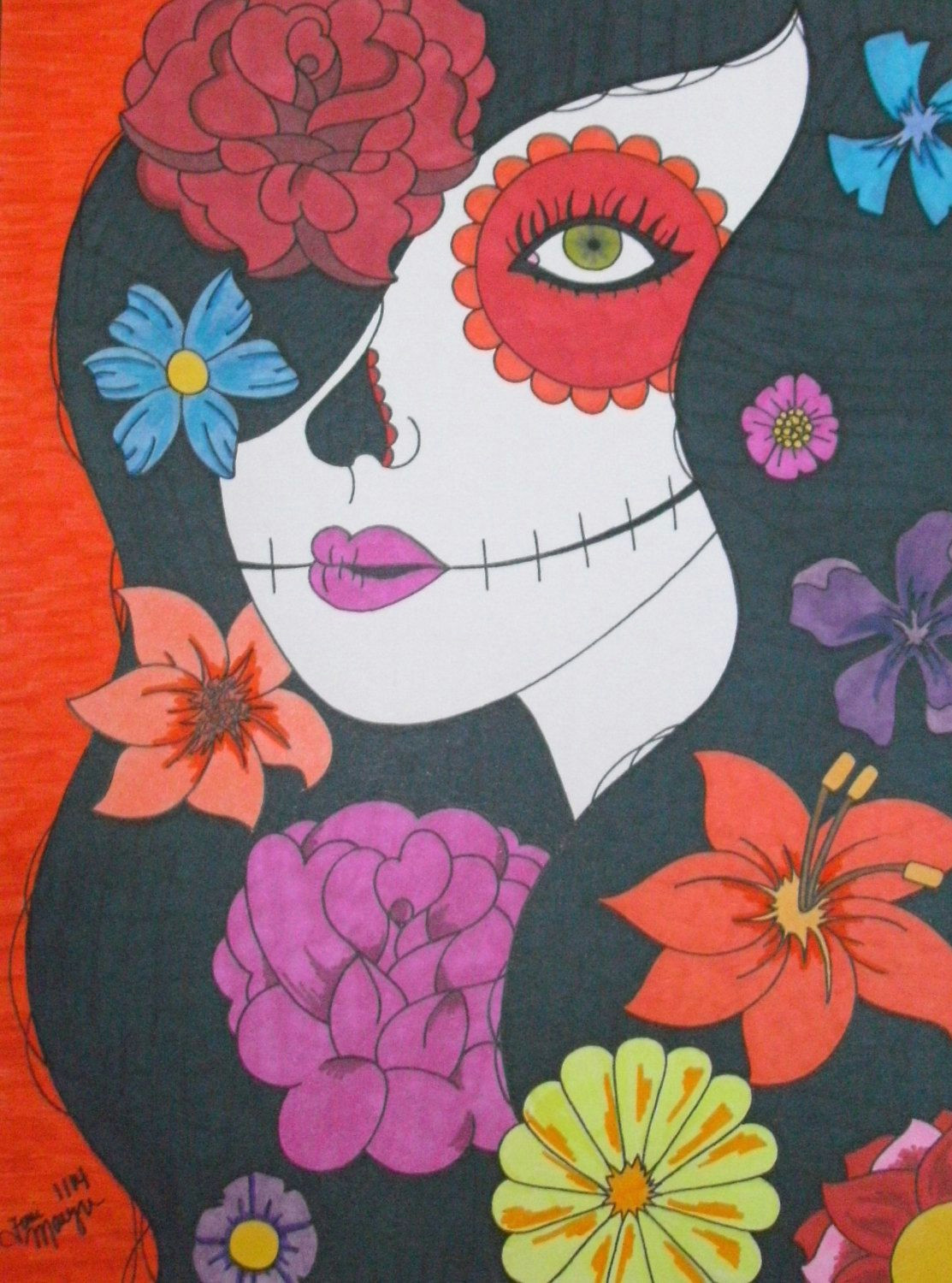 Drawing Girl with Flowers Sugar Skull Girl Flowers Drawing 9×12 Inch Drawing Day Of the